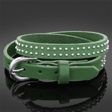 Double Wrap Studded Green Leather Cuff with Buckle