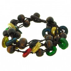 Wood Bead Bracelet on 3 Cord Strands in Green, Red, Blue & Brown