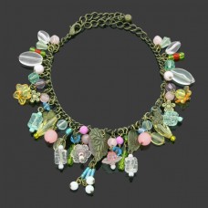 Pastel Tone Charm Bracelet with Bronze Metal Flowers & Leaves in Pinks, Blues & Yellows