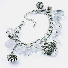 Chunky Silver Metal Charm Bracelet with Clear and Silver Beads