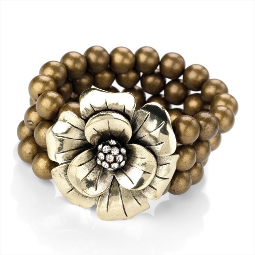 Gold 3 Strand Elasticated Beaded Bracelet with Metal Flower with Diamante Centre