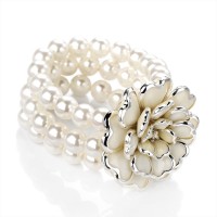 Cream 3 Strand Elasticated Beaded Bracelet with Heart Petal Flower with Diamante Centre
