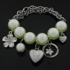 Silver Metal Elasticated Charm Bracelet with Silver Metal Charms and Large Pearl Beads