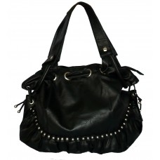 Large Black Faux Leather Shoulder Bag with Studs