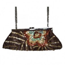 Brown Satin Evening Bag with Sequin Stripes and Flower