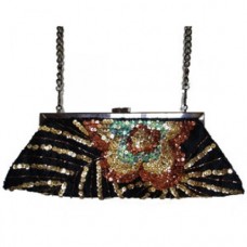 Black Satin Evening Bag with Sequin Stripes and Flower