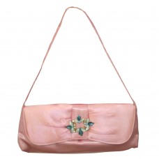 Baby Pink Satin Evening Shoulder Bag Handbag with Blue Enamel & Diamante Brooch