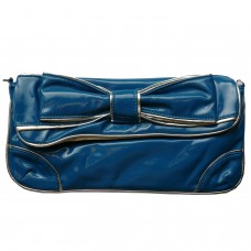Oversized Blue Patent Clutch Bag with Large Bow Edged in Silver