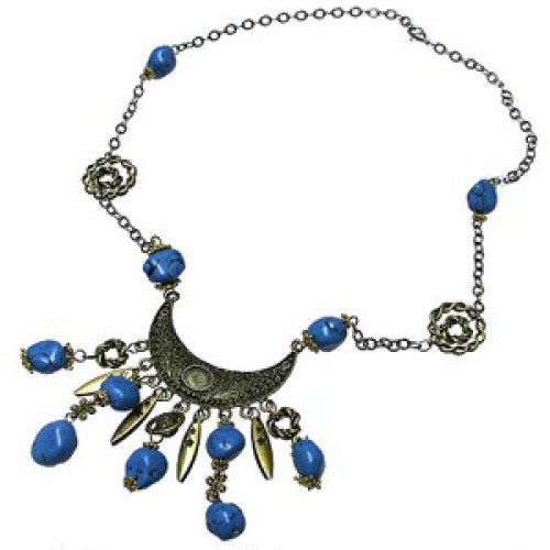 Antiqued Gold Metal Chain Necklace with Crescent Pendant and Blue Stones