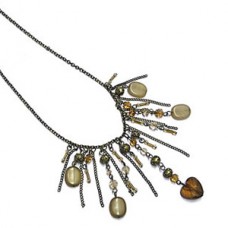 Golden Metal Chain Necklace with Brown Tone Bead Charm Drops