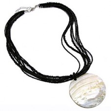 Multi Strand Black Beaded Necklace with Large White Shell Pendant