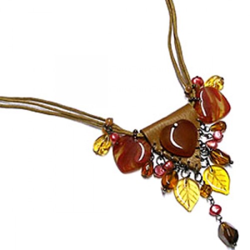 Brown Tone Cord Necklace with Faux Leather Pendant and Beads
