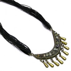Black Multi Strand Cord Necklace with Crescent Shaped Metal Pendant